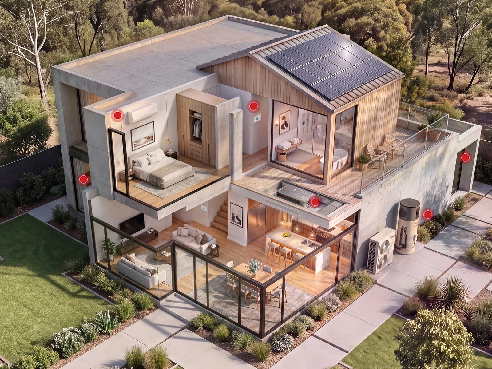 Cutaway view of a contemporary Australian home showing integrated hot water, air conditioning and solar comfort systems