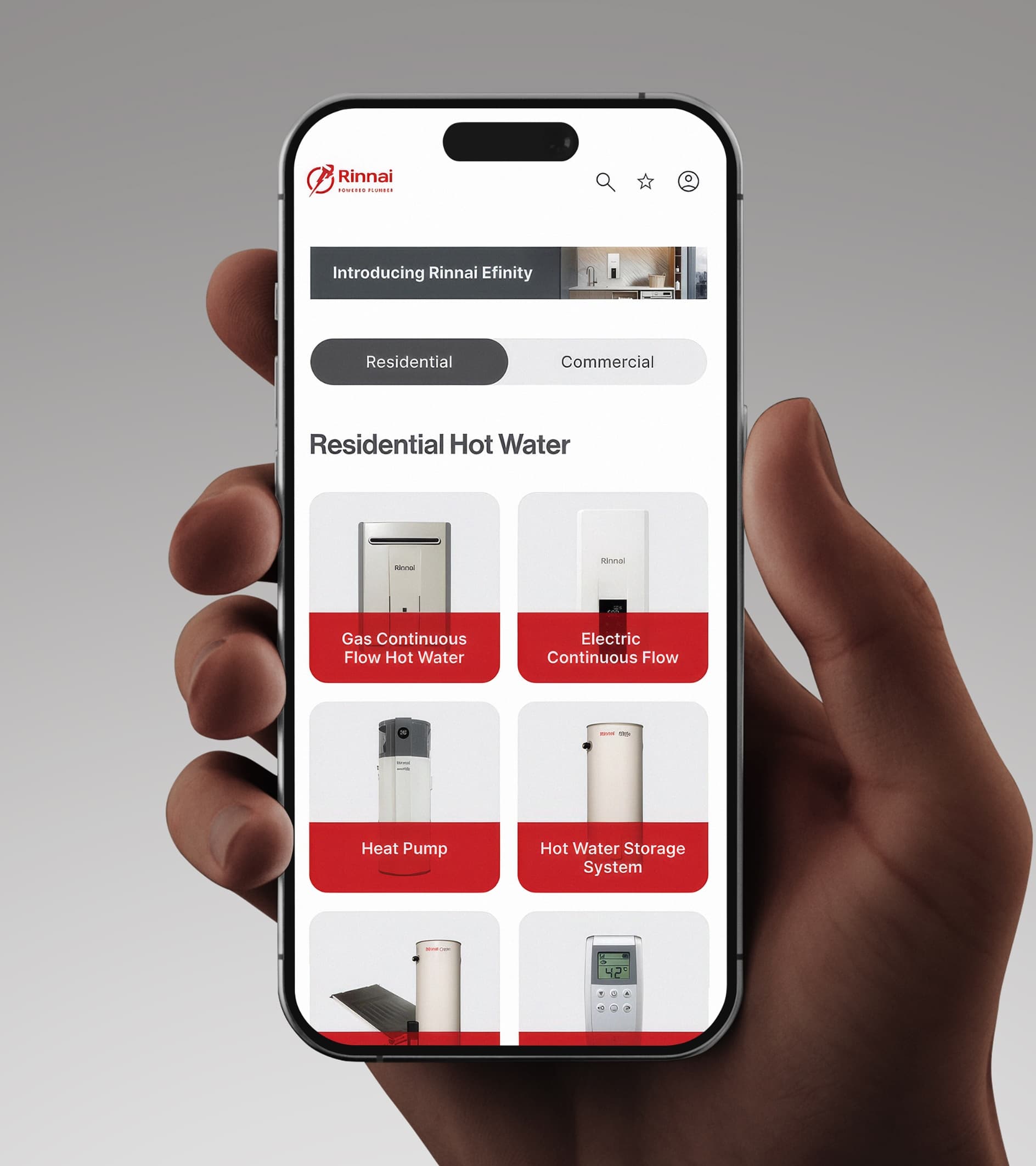 A hand holding a phone showing the Rinnai app