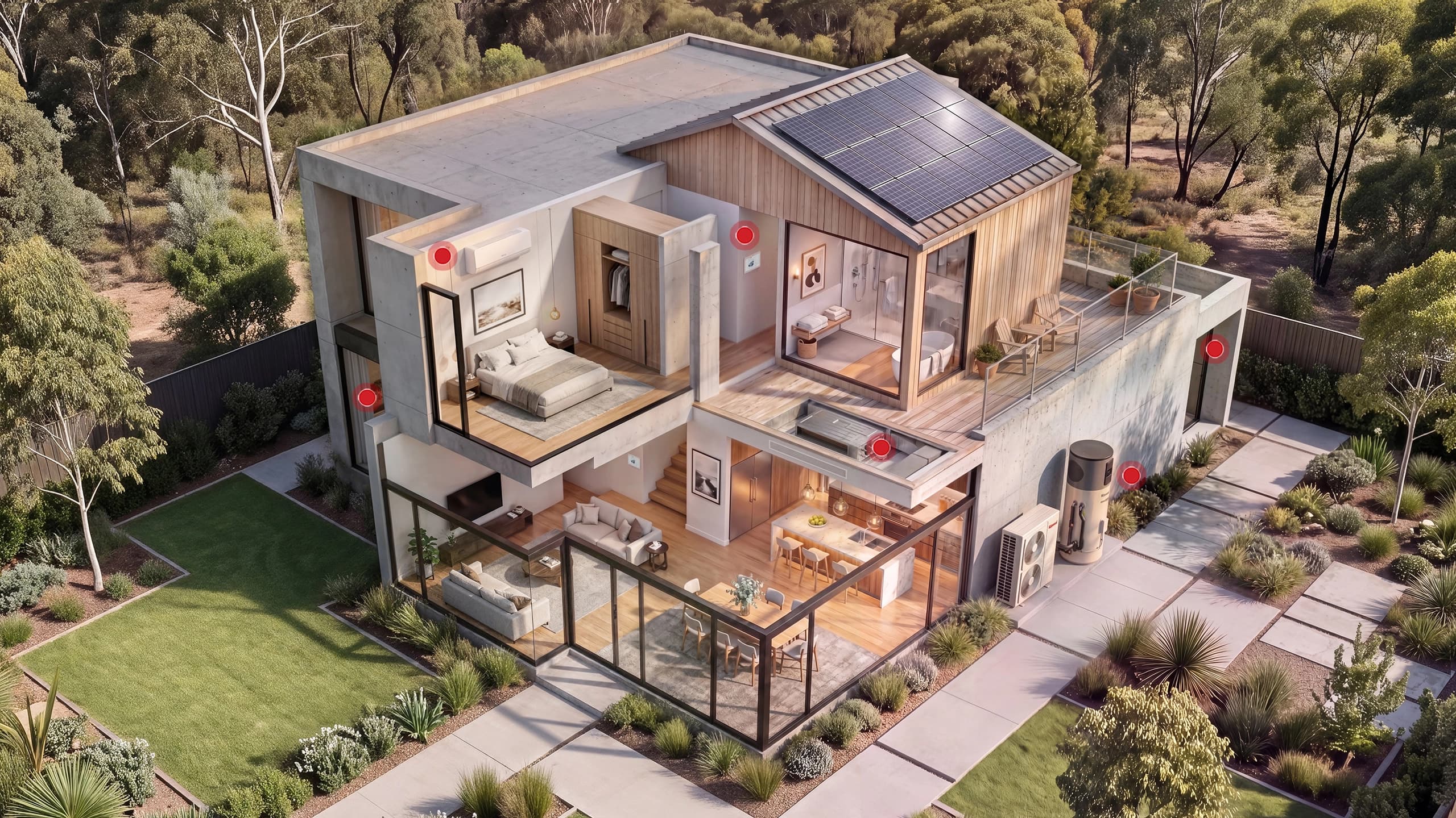 Cutaway view of a contemporary Australian home showing integrated hot water, air conditioning and solar comfort systems