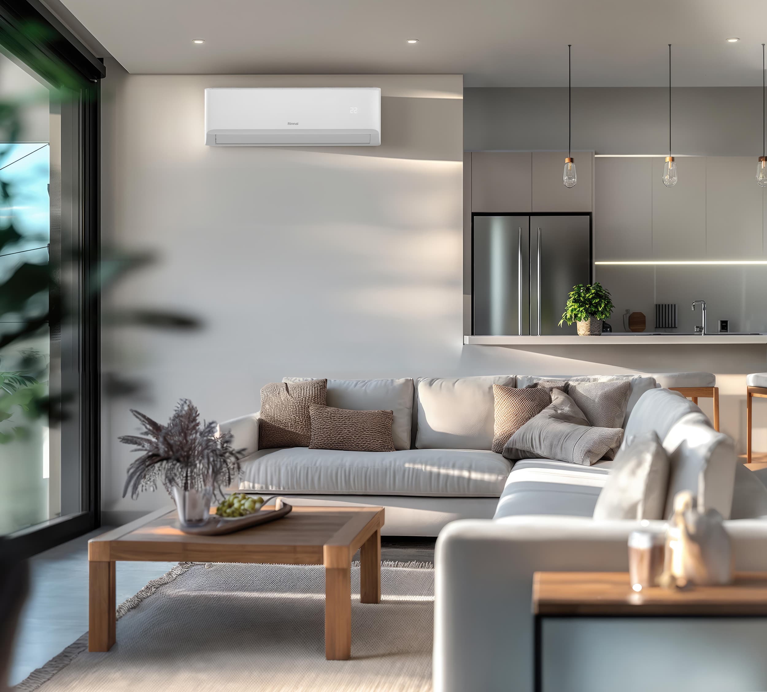 Contemporary living room and kitchen with integrated Rinnai air conditioning
