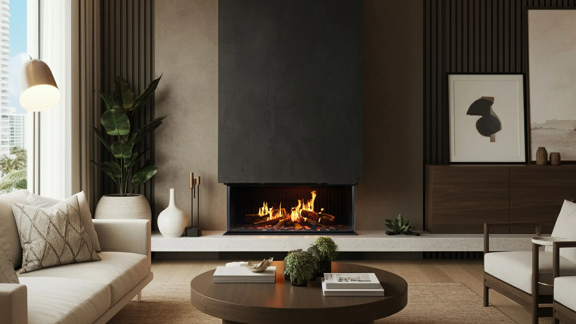 A welcoming living room warmed by a Rinnai fireplace