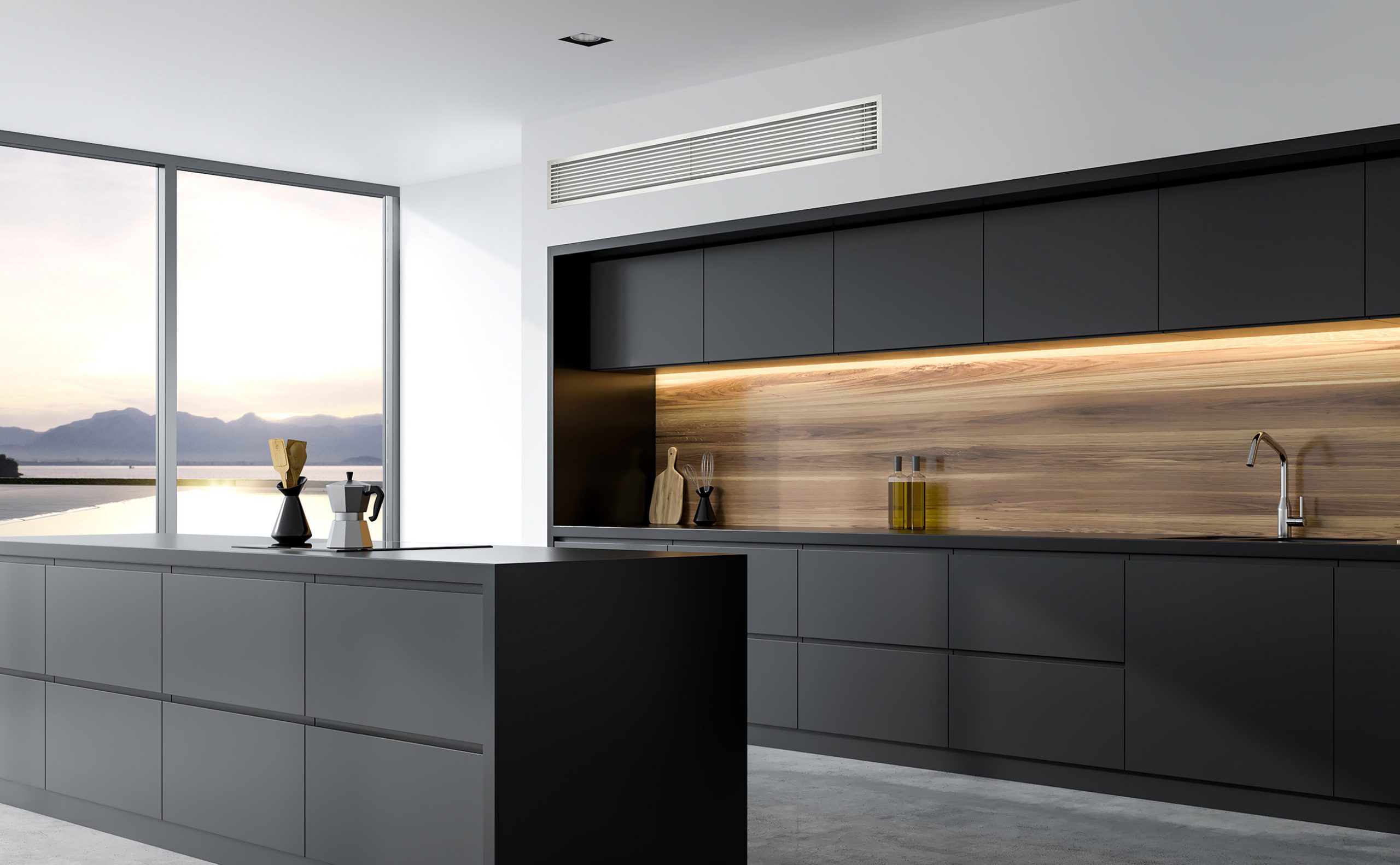 Rinnai Inverter Split Ducted Air Conditioner (lifestyle – black kitchen)