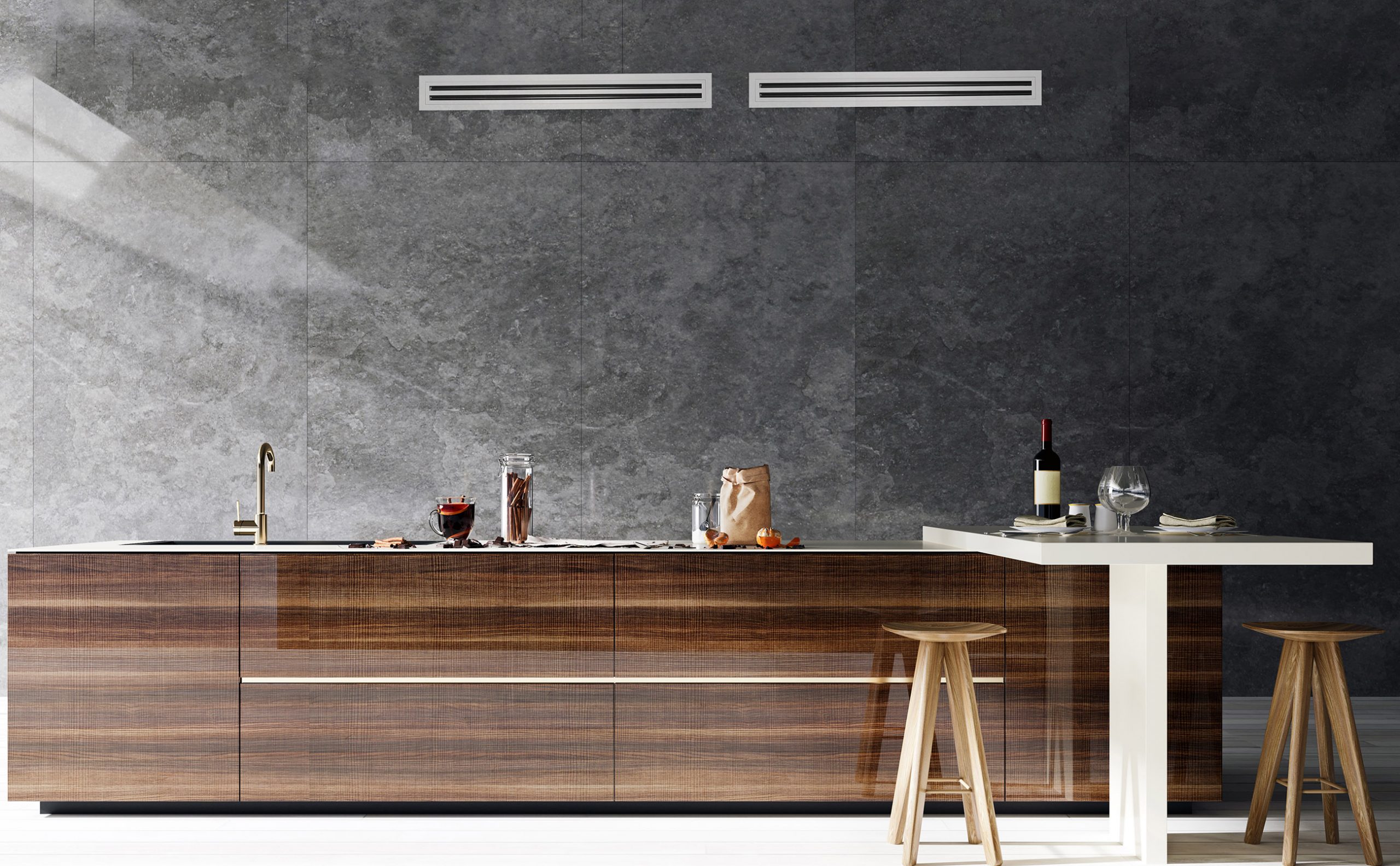 Rinnai Inverter Split Ducted Air Conditioner (lifestyle - brown kitchen)