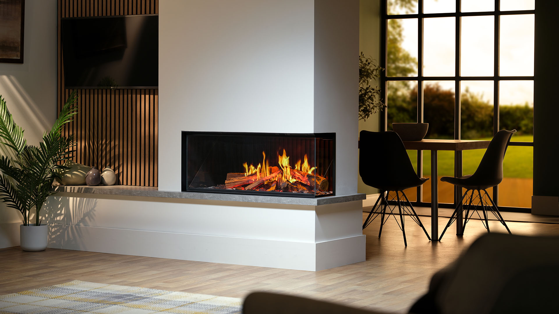 Rinnai EL 1000 Electric Fire (lifestyle - corner install)