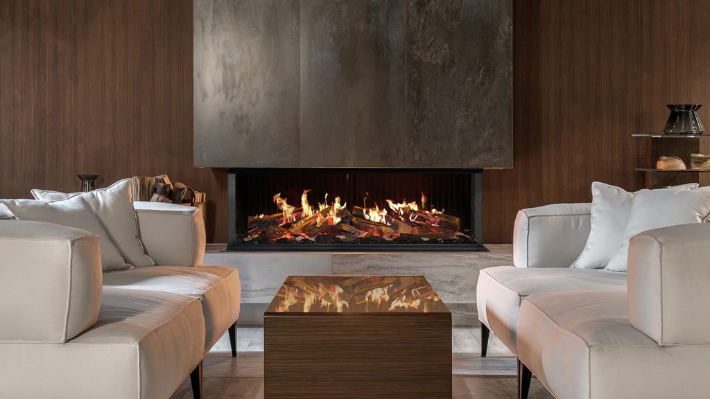 Rinnai EL 1300 Electric Fireplace (lifestyle – living room brown wall)
