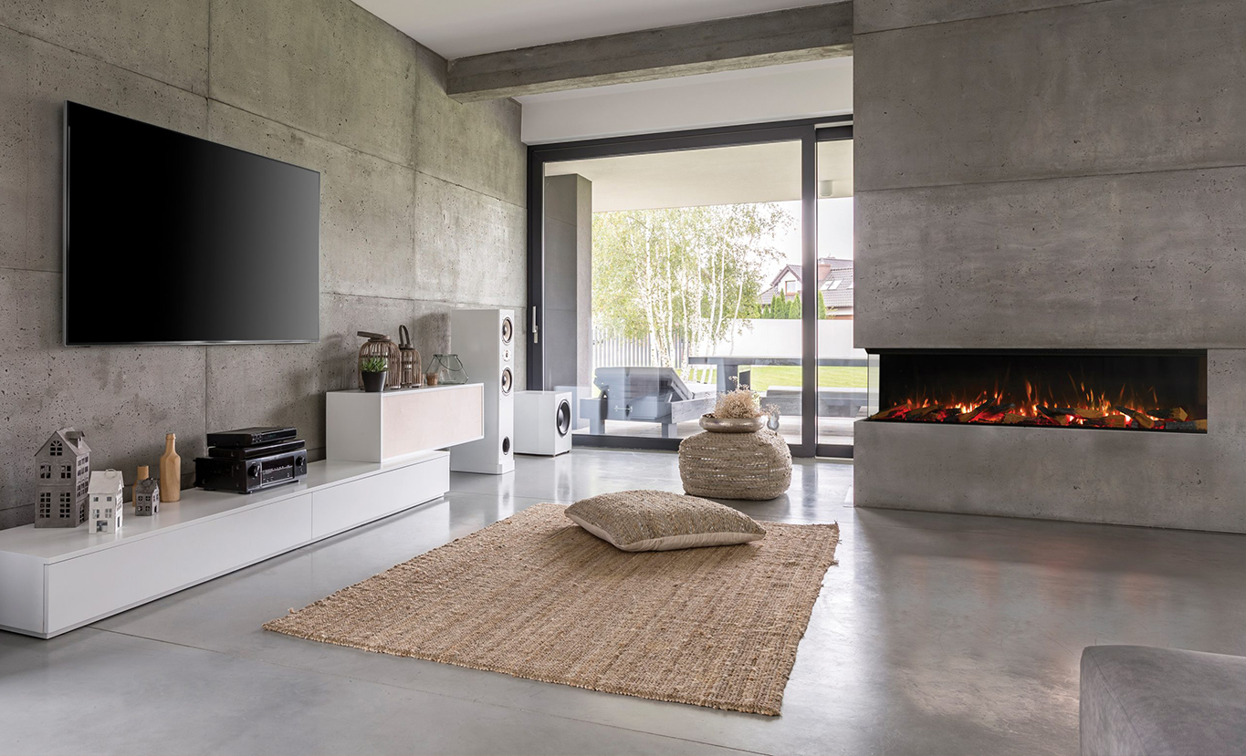 Rinnai ES 1800 Electric Fire (lifestyle - cement wall corner install)