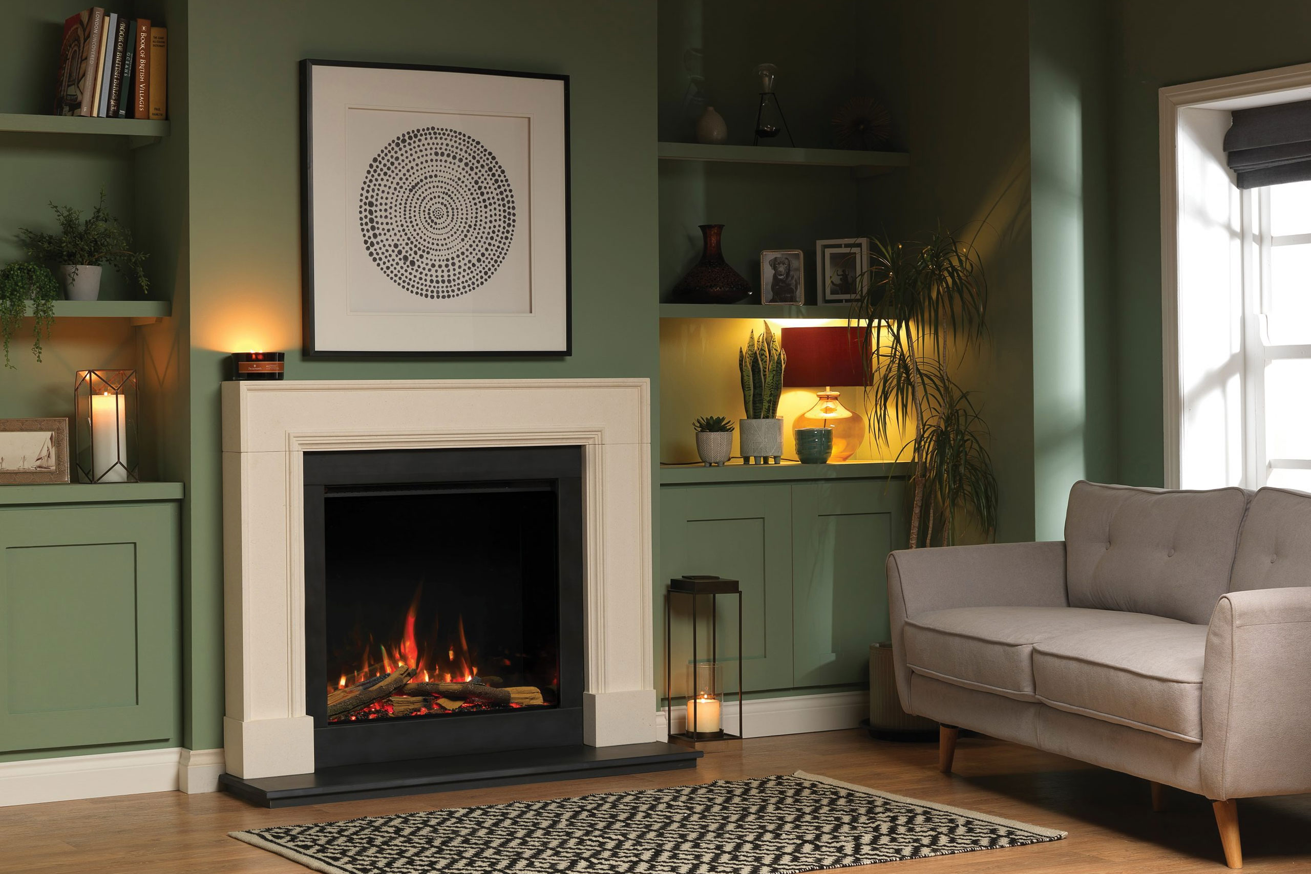 Rinnai ES 750 Electric Fire (lifestyle - living room green wall)