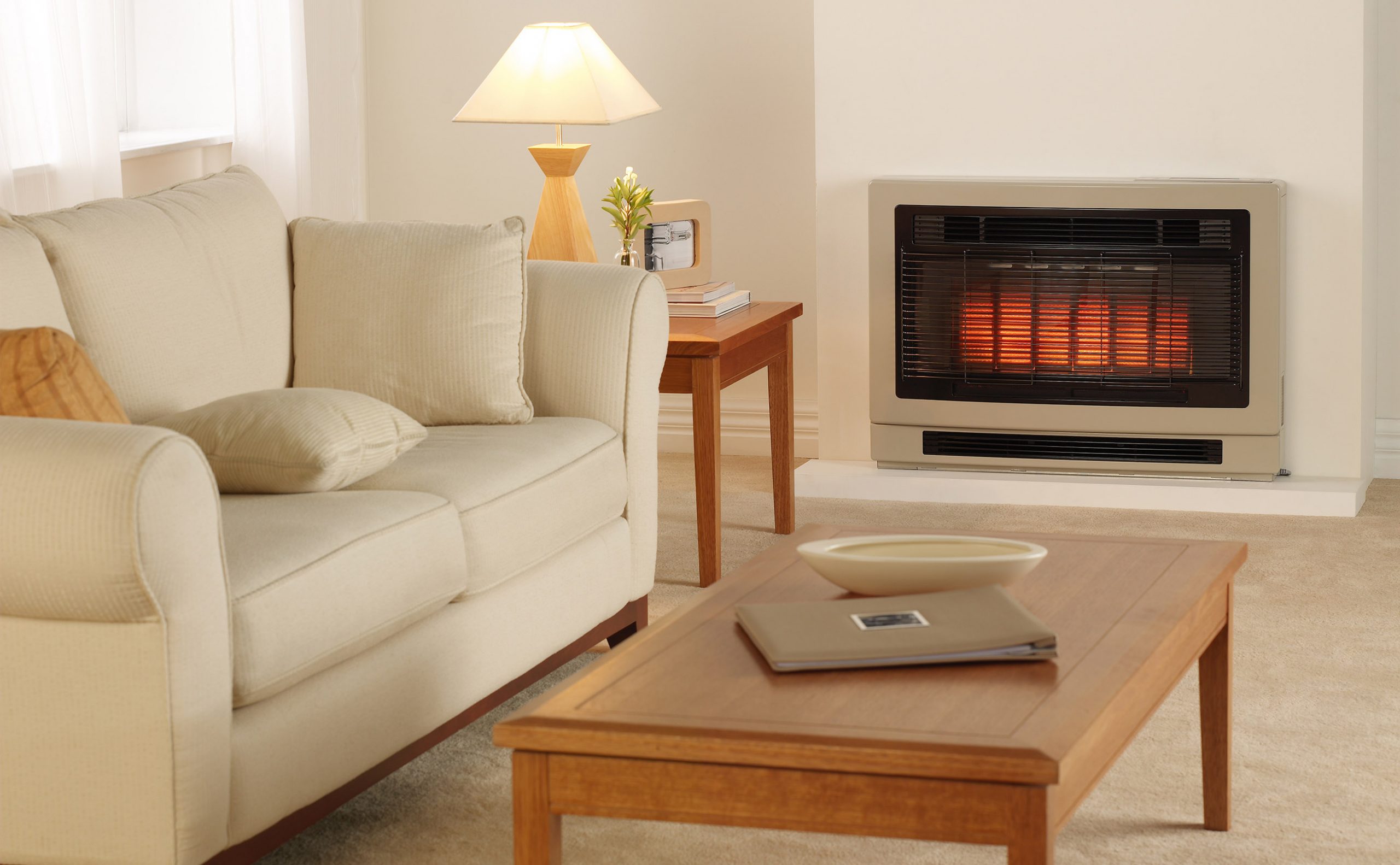 Rinnai Ultima II Inbuilt Gas Flued Space Heater (lifestyle - beige living room)