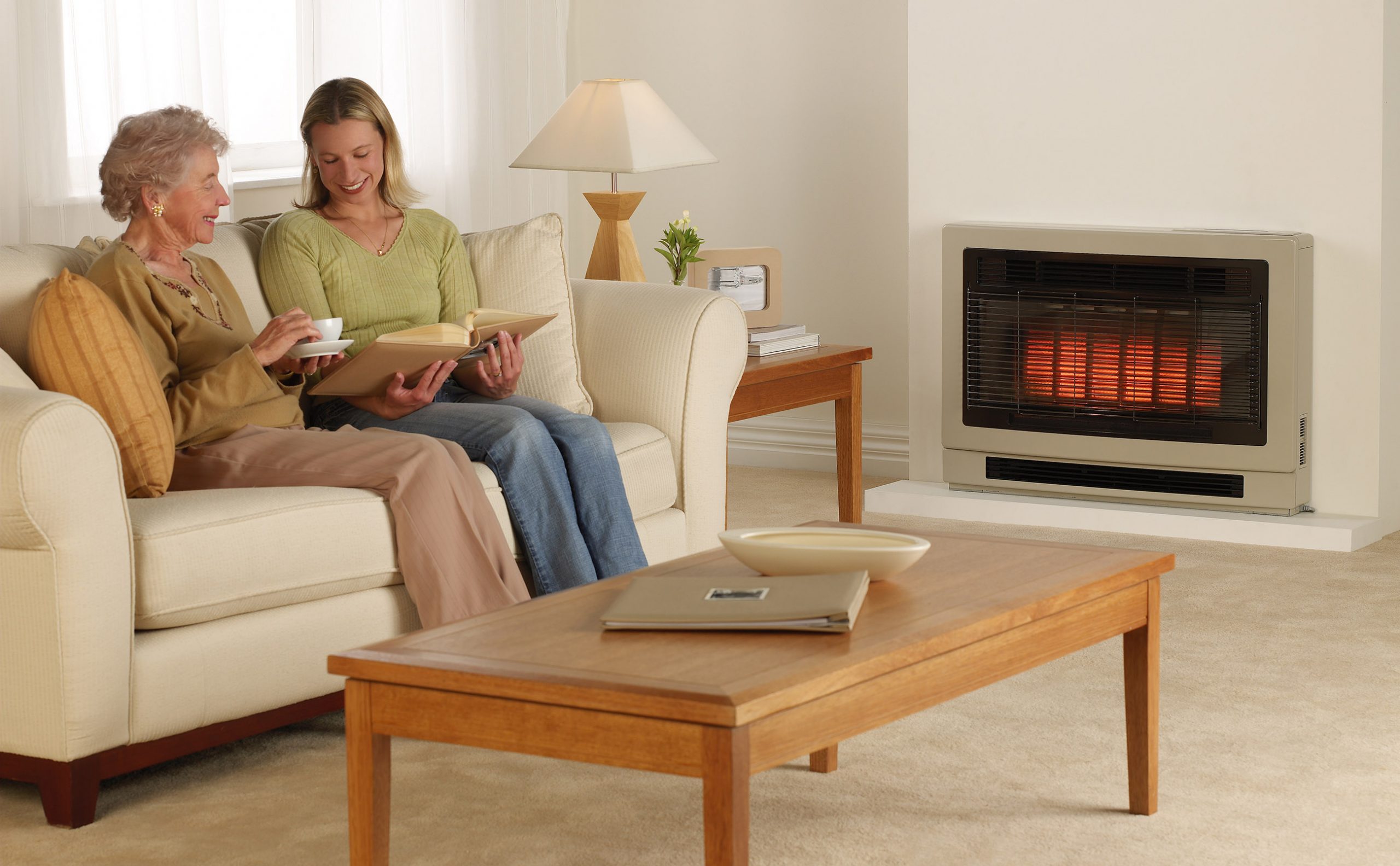 Rinnai Ultima II Inbuilt Gas Flued Space Heater (lifestyle - beige people living room)
