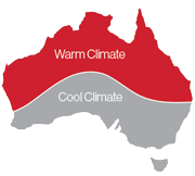Map of Australia showing Warm/Cool climates for Rinnai Infinity product comparison