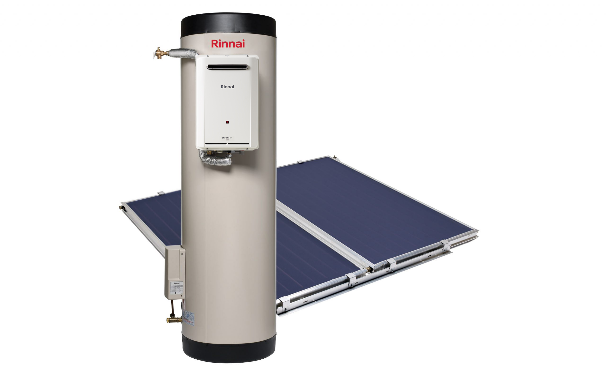 Rinnai Prestige Solar Gas Boosted Hot Water Storage Tank + Flat Plate Collectors (double)