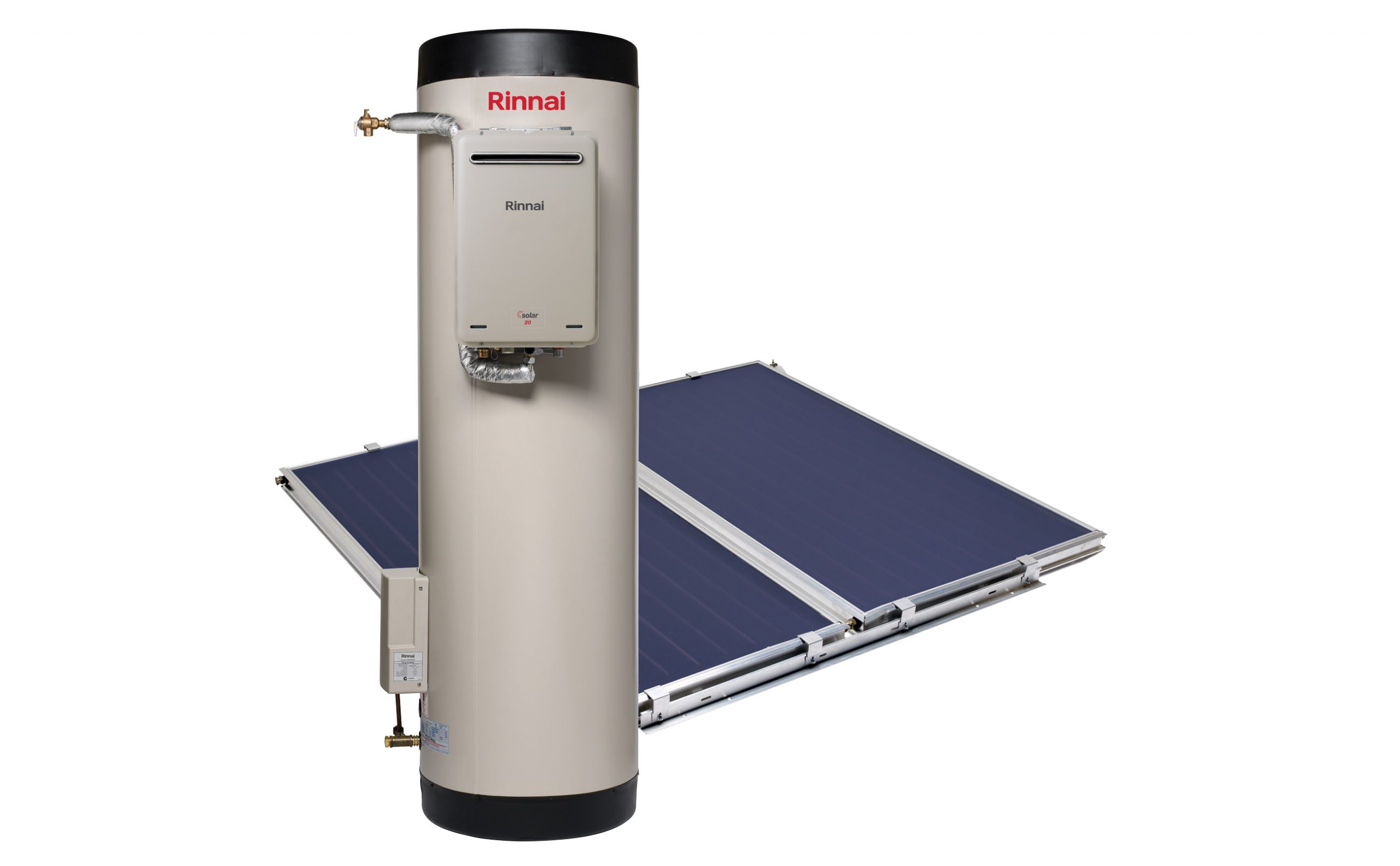 Rinnai Prestige Solar Gas Boosted Hot Water Storage Tank + Flat Plate Collectors (double)