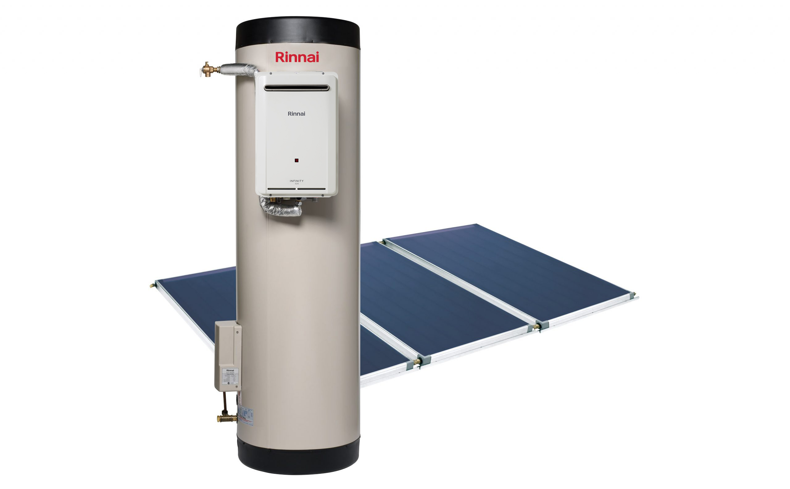 Rinnai Prestige Solar Gas Boosted Hot Water Storage Tank + Flat Plate Collectors (triple)