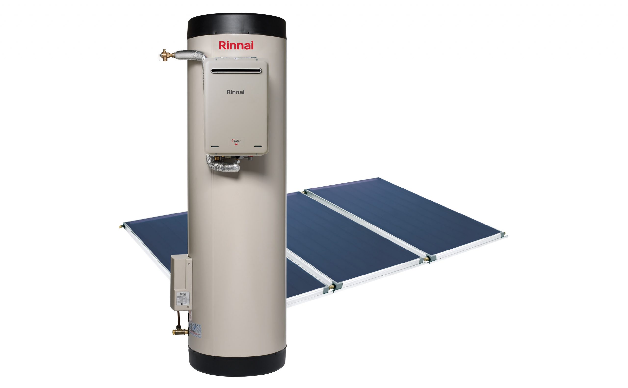 Rinnai Prestige Solar Gas Boosted Hot Water Storage Tank + Flat Plate Collectors (triple)
