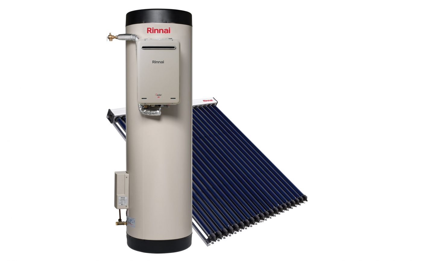 Rinnai Prestige Gas Boosted Solar S26 CF Continuous Flow Hot Water Storage Tank - Evacuated Tubes x20